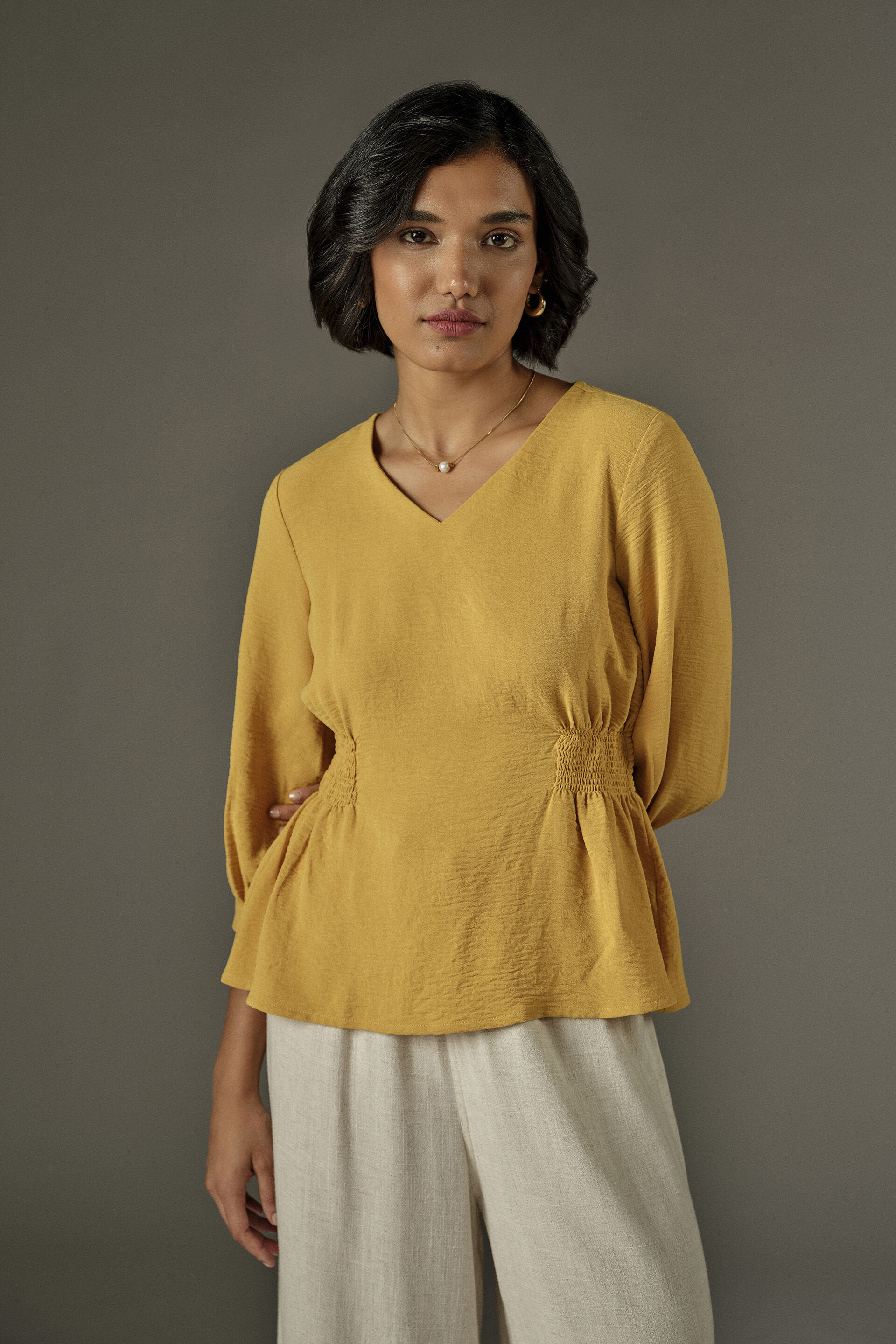 Side Smocked Top in Mustard